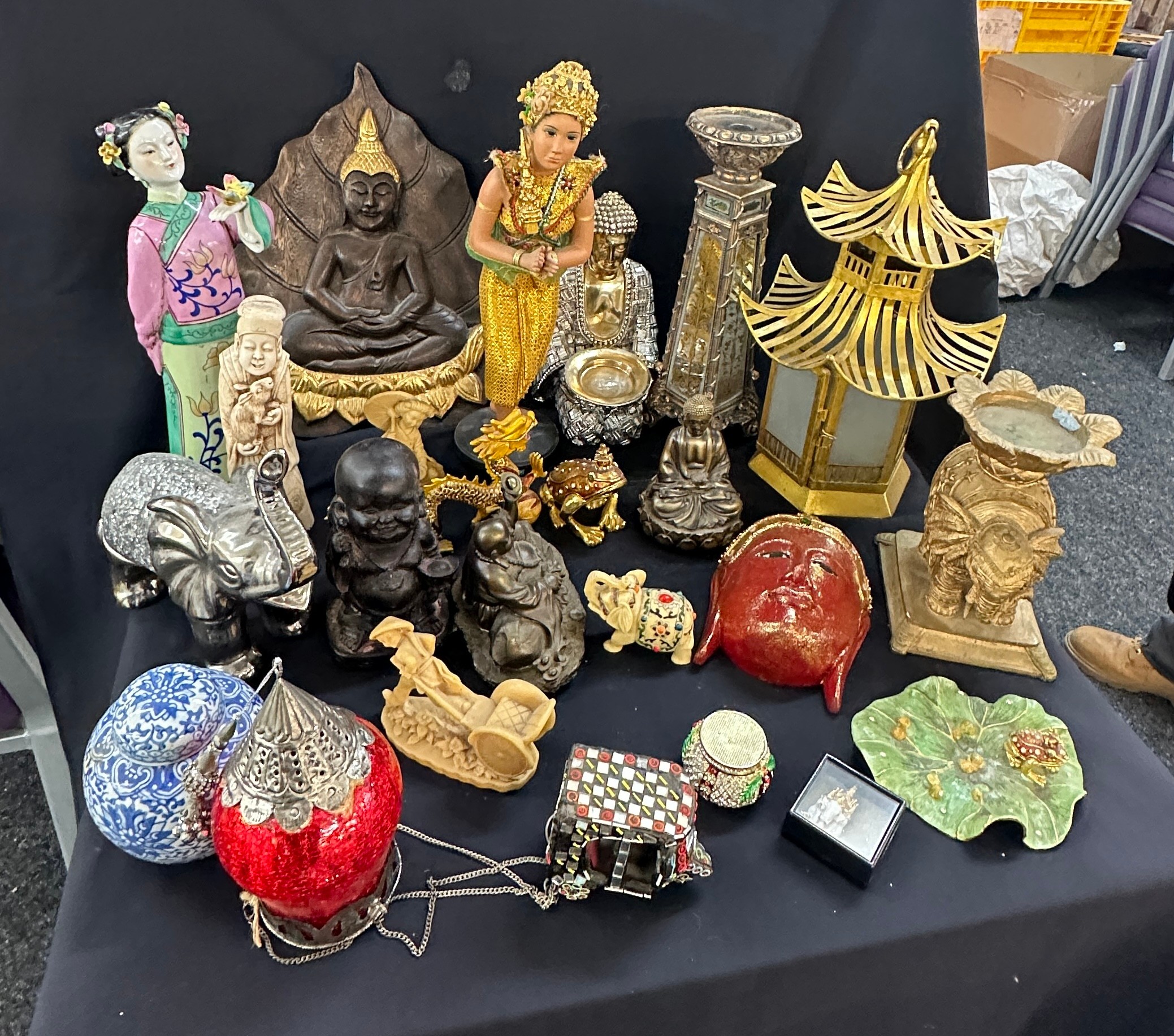 Selection of oriental items includes brass tower figure, porcelain figures etc