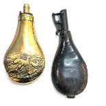 Antique brass powder flask and a leather shot flask