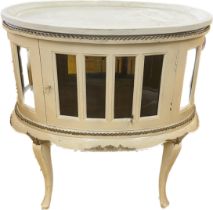 Painted oval drinks cabinet with serving tray, Height 31 inches, Depth 19 inches, Width 29 inches