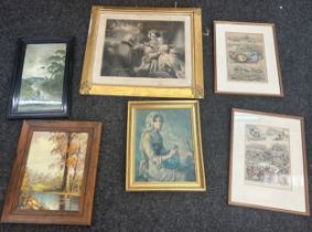 Selection of 6 framed paintings and prints, mostly signed, various artists, various scences, largest