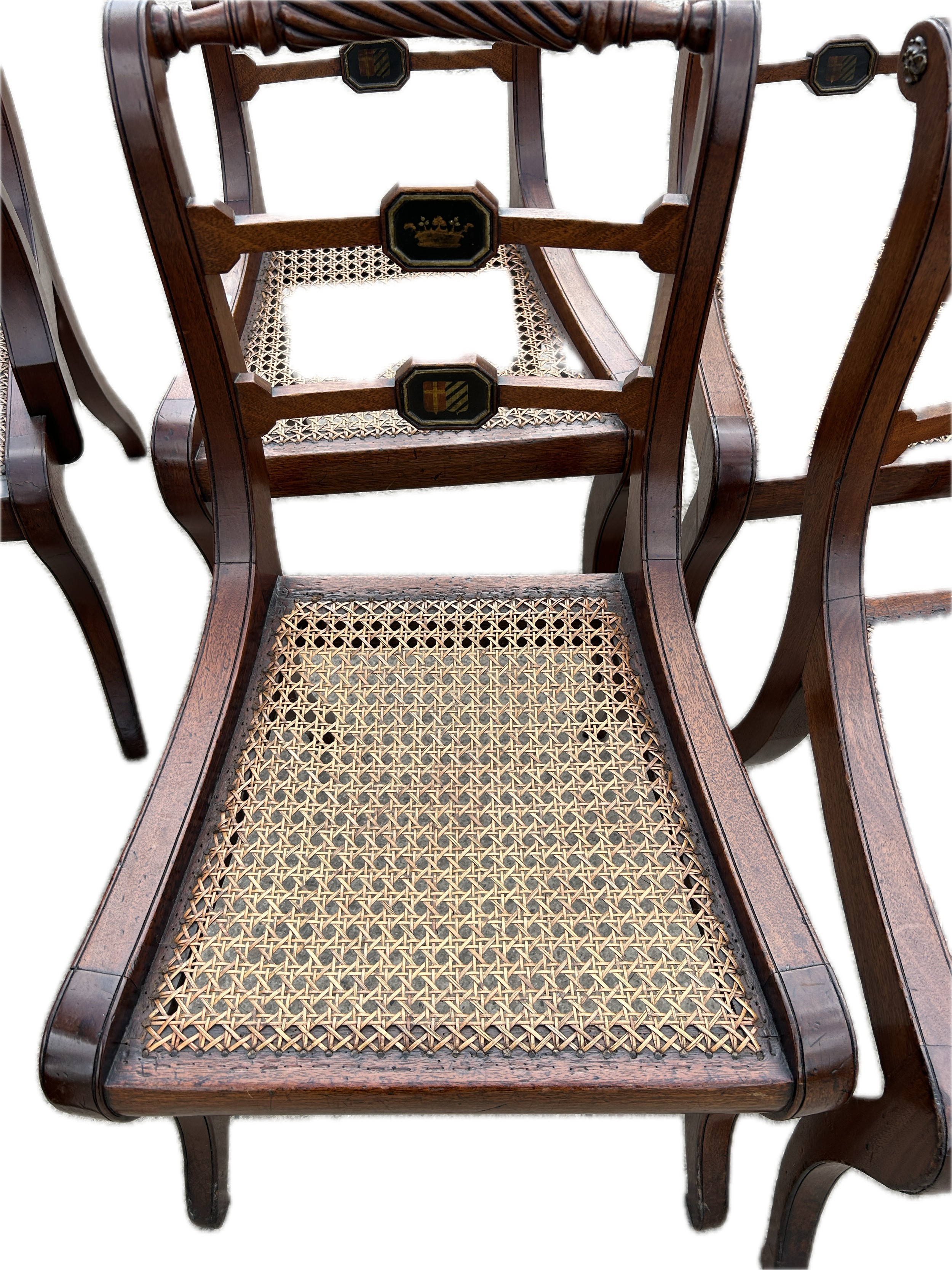 Six antique mahogany dining chairs to include 2 carvers, armorial crest to backs - Image 4 of 4