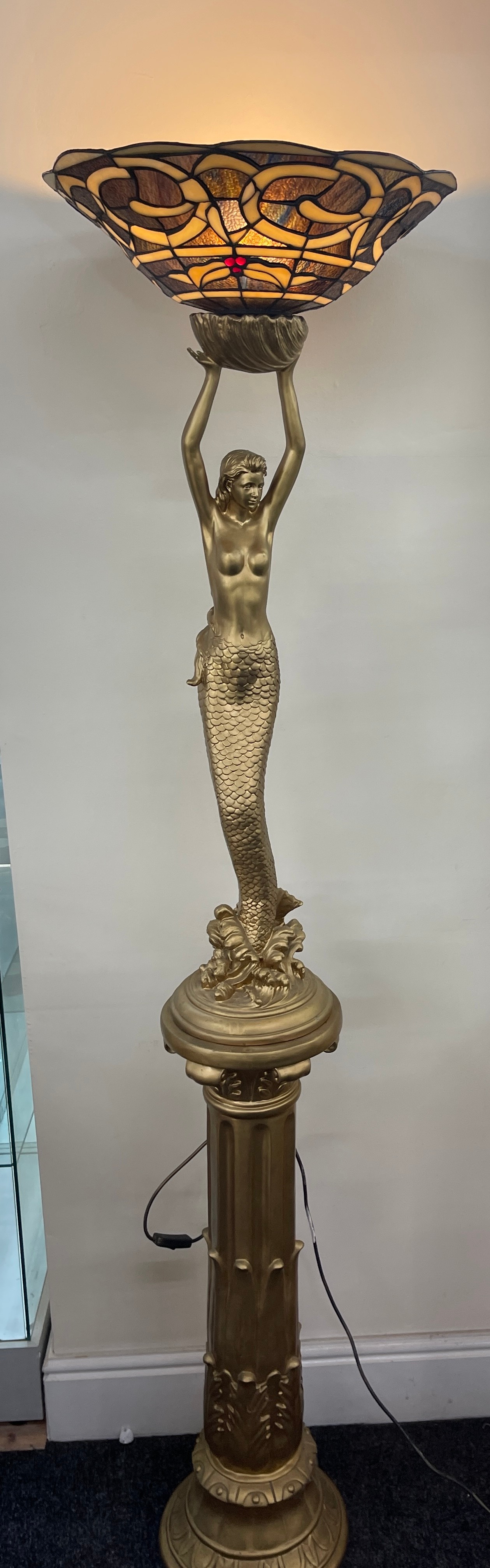 Tall mermaid resin lamp on plinth, approximately 75.5 inches tall, working order with glass shade