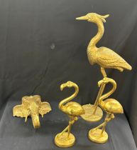 Selection of gilded items to include elephants, stork, flamingos etc, tallest mesures