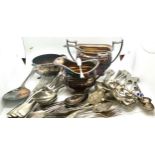 Selection of silver plated items to include cutlery, bowl, jug etc