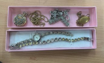 Tray of collectables includes silver marcasite bracelet, stratton letter opener etc