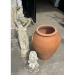 Large terracotta plant pot and two concrete ornaments - tallest measures approx 36 inches tall