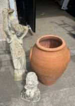 Large terracotta plant pot and two concrete ornaments - tallest measures approx 36 inches tall
