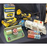 Selection of vintage toys to include tonka toys, ducks motoring can and tin type writer, fisher etc