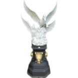 Metal double swan garden figure measures approximately 64.5 inches tall