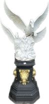 Metal double swan garden figure measures approximately 64.5 inches tall