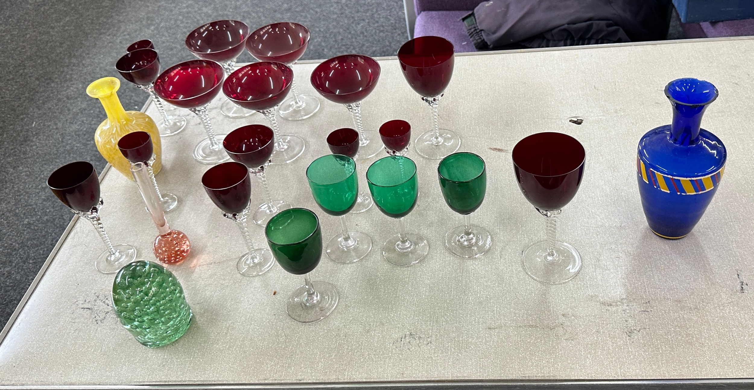 Selection of coloured glassware