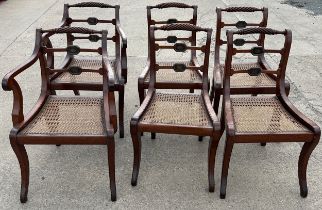 Six antique mahogany dining chairs to include 2 carvers, armorial crest to backs
