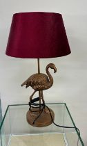 Resin rose gold coloured flamingo table lamp with shade, working order, overall height with shade 22
