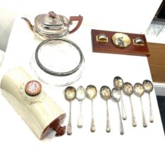 Selection of vintage items to include silver plated tea pot, cutlery, ceramic hot water bed warmer