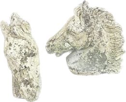 2 concrete garden horse heads measures approximately 15 inches tall