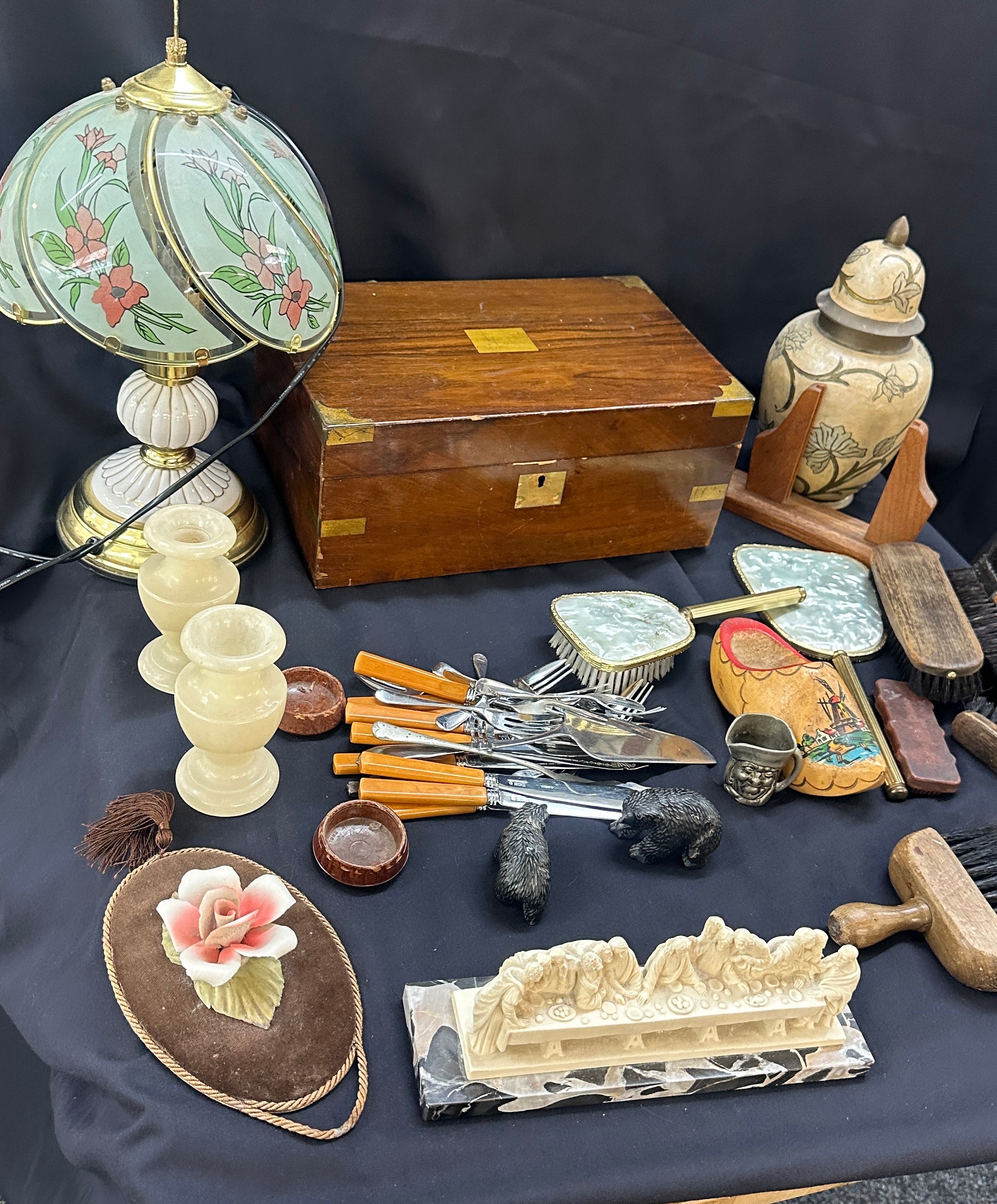 Selection of vintage miscellaneous to include writing box, marble, brass, lamp, cutlery etc