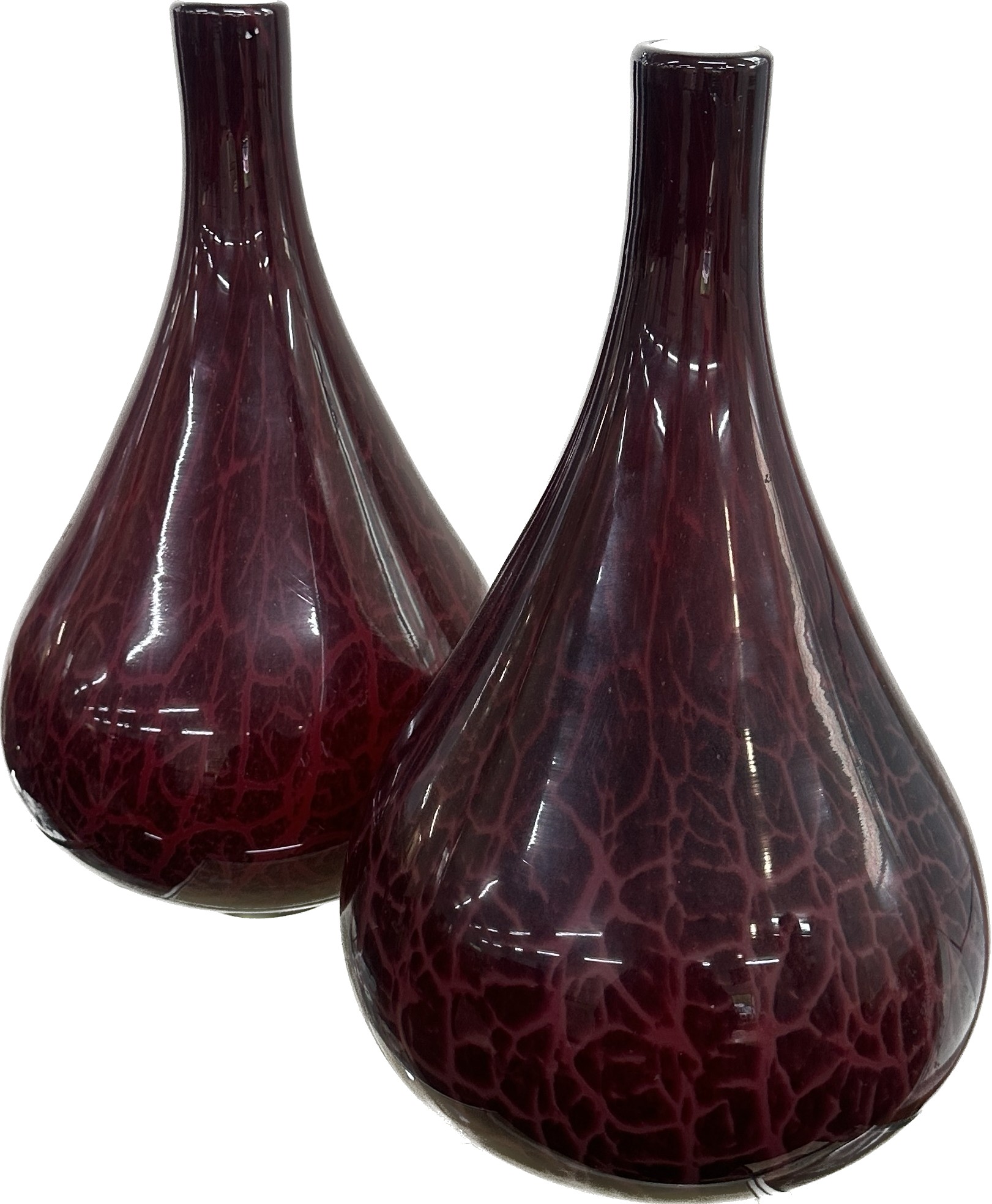 Pair decorative Burgundy glass tear drop vases, both in overall good condition, approximate height