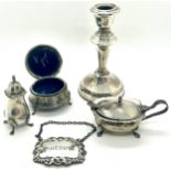 Selection hallmarked silver pieces to include weighted candle stick, pin cushion, Sherry label,