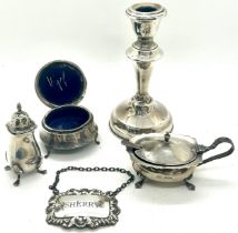 Selection hallmarked silver pieces to include weighted candle stick, pin cushion, Sherry label,