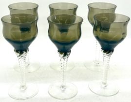 Set 6 twisted stem coloured drinking glasses, overall height 14cm