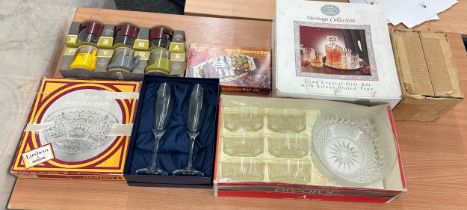 Selection of boxed glass ware includes Pyrex, decanter set etc