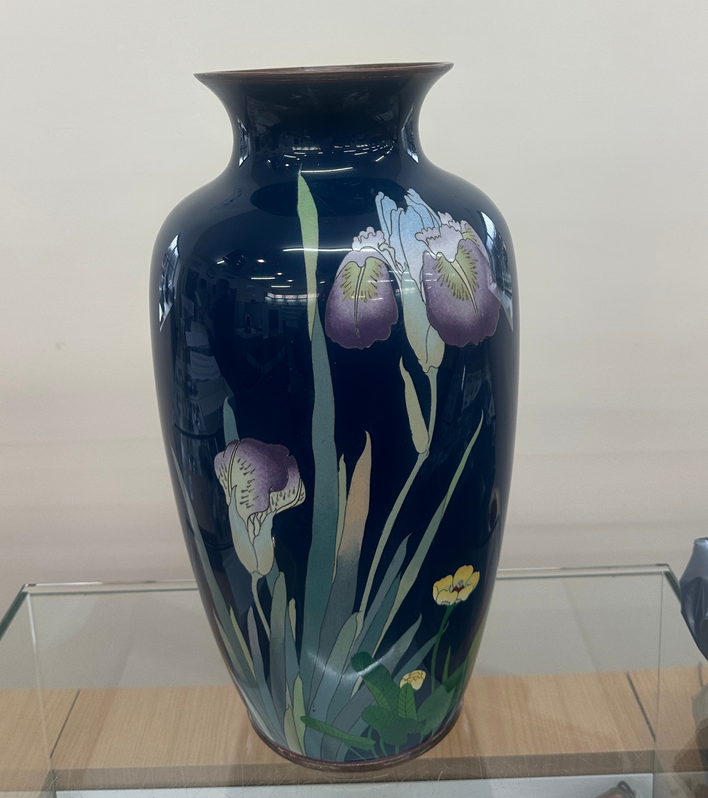 Vintage cloisonné enamel vase depicting irises. 46 cm tall. In good condition.