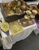 Box of brass ware including trays, vases etc