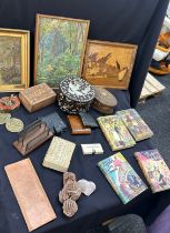 Selection of vintage miscellaneous to include mother of pearl box, brass, books, prints etc