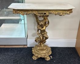 Gold cherub console table, marble effect top, approximate measurements: Height 32 inches, Width 33