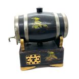 Oriental black lacquer hand painted barrel on stand