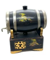 Oriental black lacquer hand painted barrel on stand