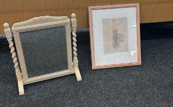 Cream barley twist dressing table mirror and a framed picture of a dancing girl- mirror measures