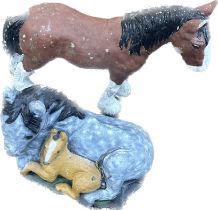 2 Concrete horse figures largest measures approximately 19 inches tall 23 inches wide a/f