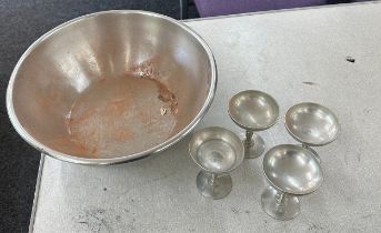 Stainless steel punch bowl and 4 indonesian glasses