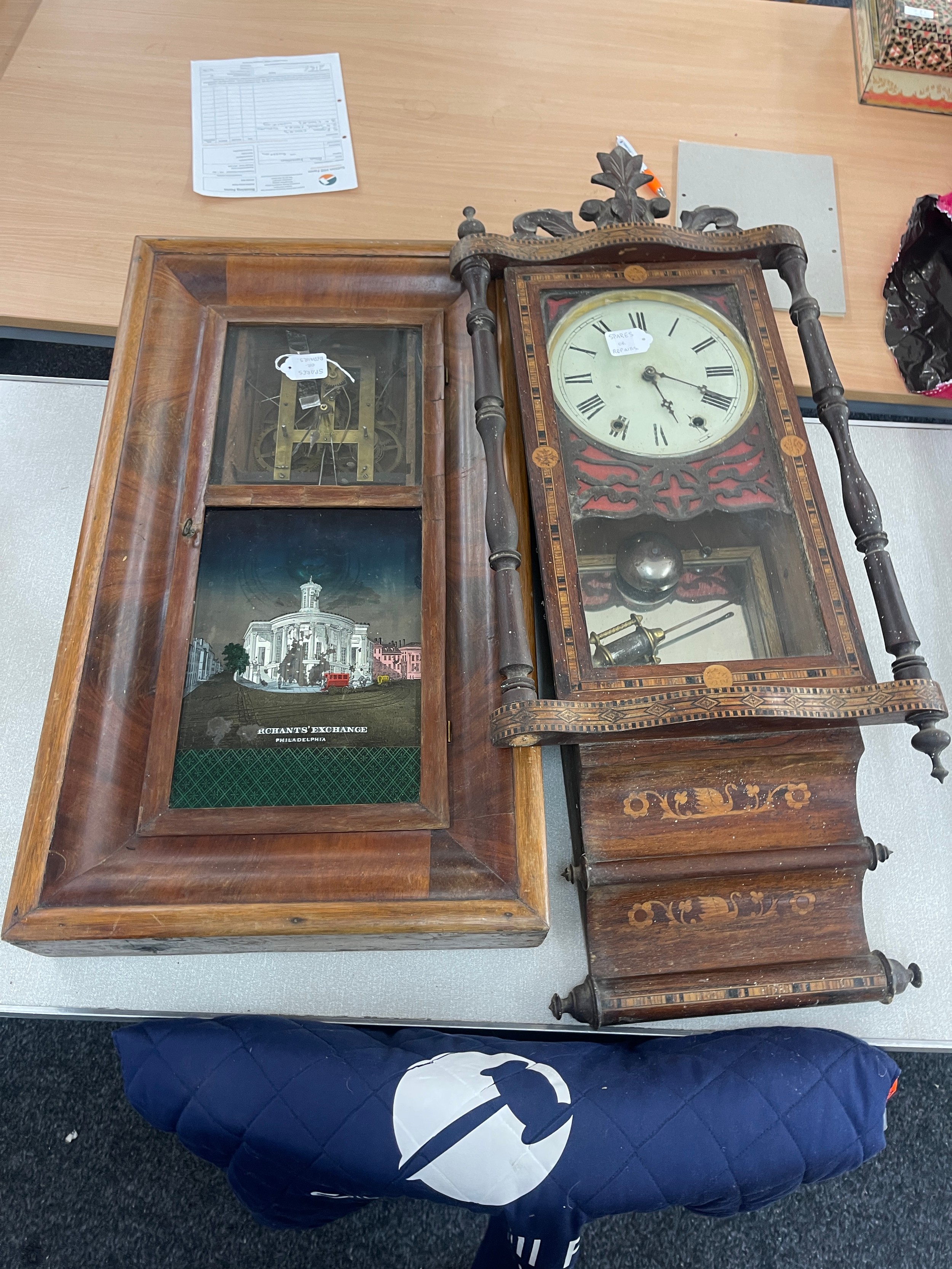 Two vintage wall hanging clocks for spares and repairs