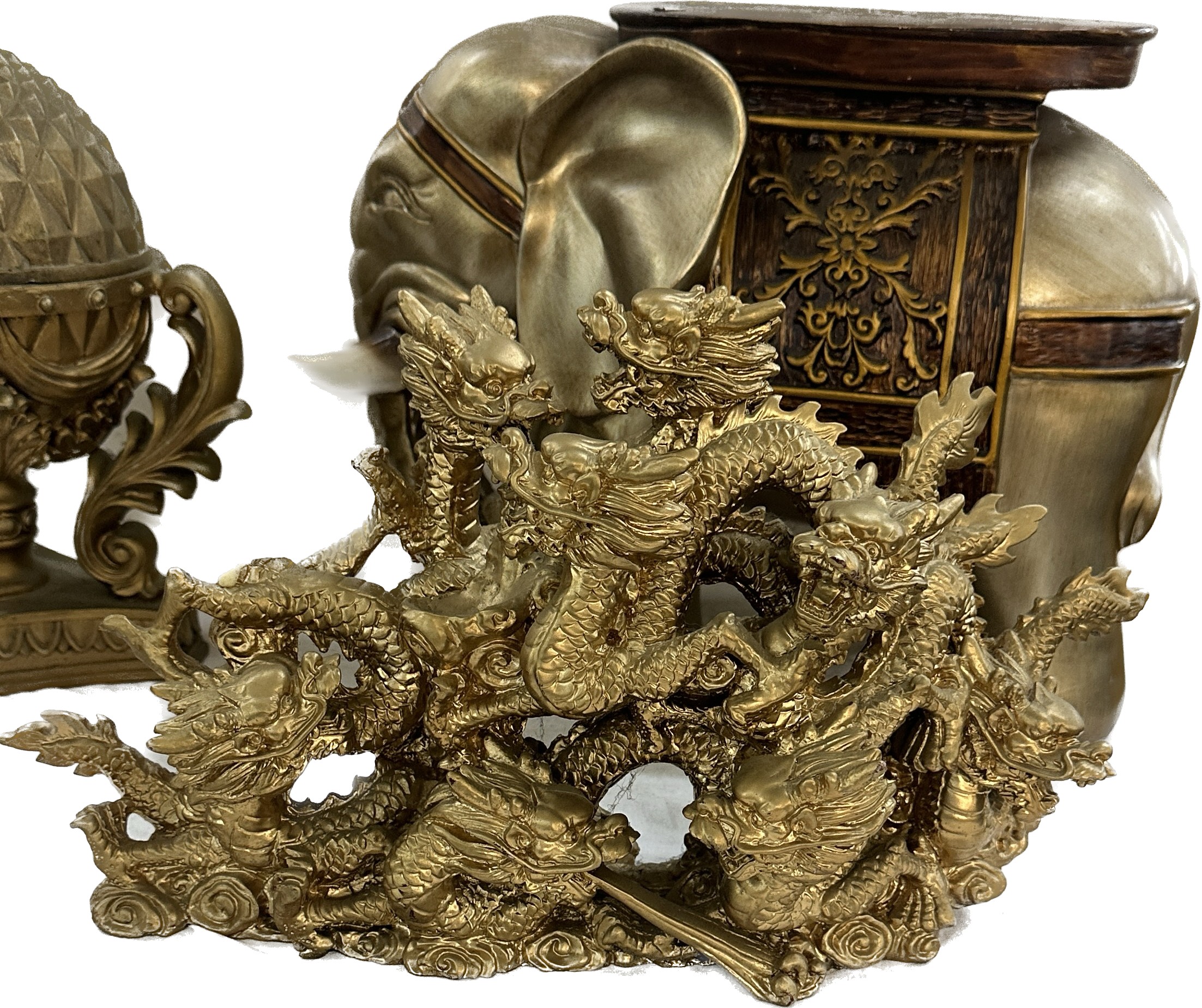 Decorative gold painted dragon ornament, elephant stool, lidded pineapple, buddha - Image 5 of 5