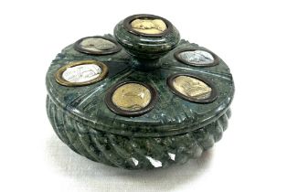 Antique 19th Century Grand tour serpentine inkwell set with Lava cameos. A fine example of a grand