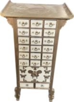 Oriental painted multi drawer floor standing unit, overall height 31 inches, Width 16 inches,