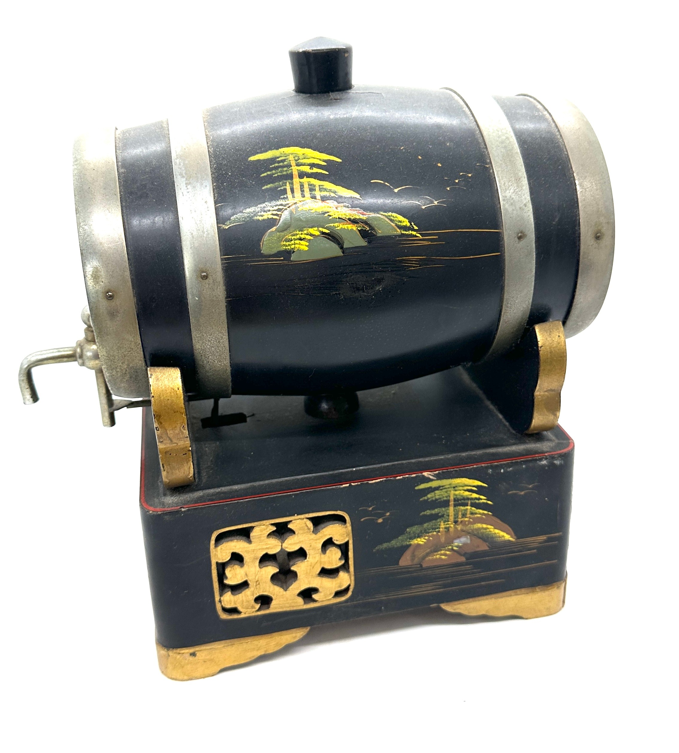 Oriental black lacquer hand painted barrel on stand - Image 2 of 4