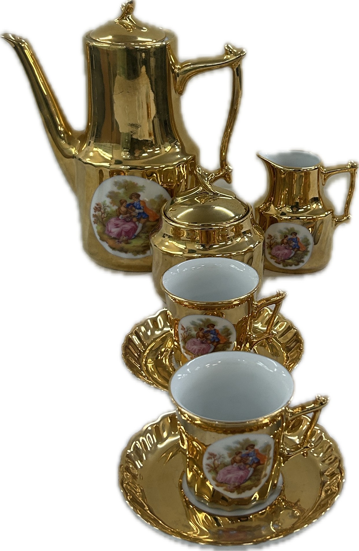 Gold Limoges coffee set comprising 6 cups, saucer, coffee pot, milk and sugar - Bild 5 aus 5