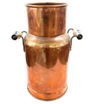 Copper churn with porcelain handles overall height 17 inches tall, no lid