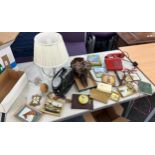 Selection of vintage items to include miniature gilt framed painting, phone, clock etc