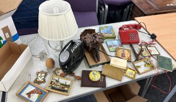 Selection of vintage items to include miniature gilt framed painting, phone, clock etc