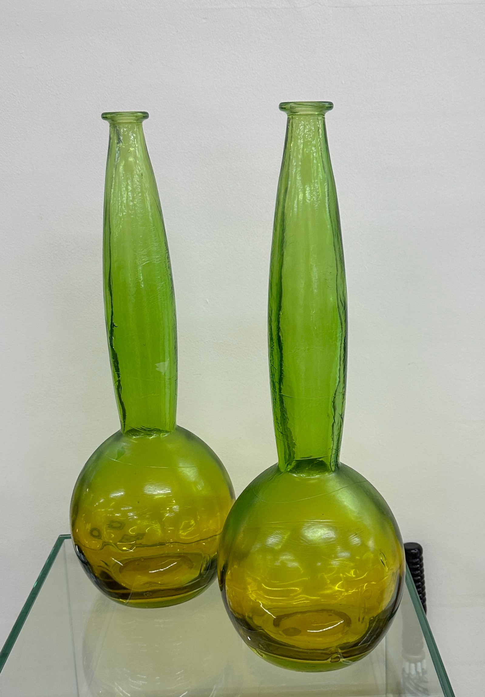 Pair decorative green and yellow glass vase's both in good overall condition, approximate height