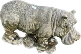 Resin hippo garden figure measures approximately 16 inches tall