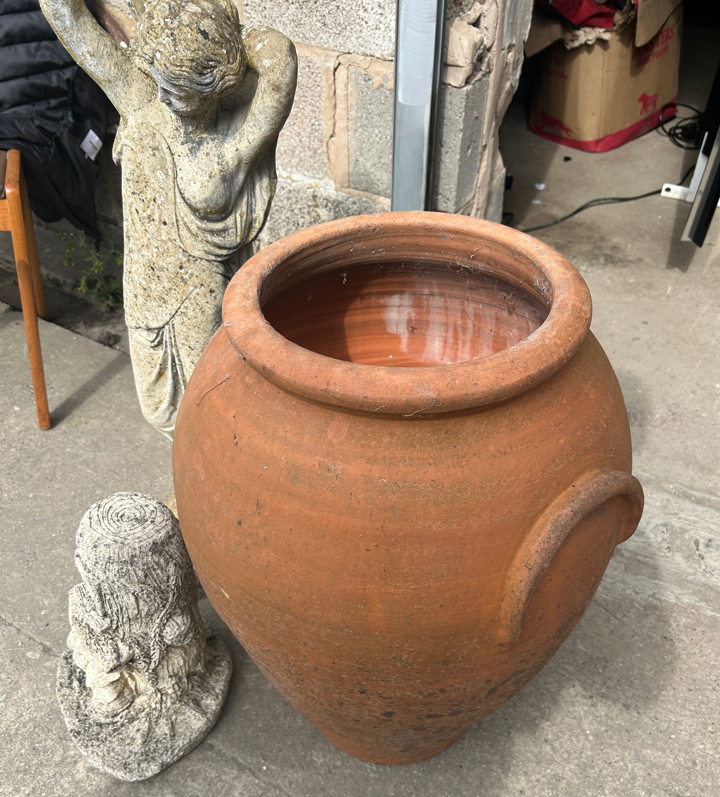 Large terracotta plant pot and two concrete ornaments - tallest measures approx 36 inches tall - Image 2 of 4