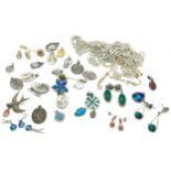 Selection of vintage ladies earrings, religious pendants, amber silver pendant, costume jewellery