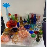 Selection of coloured glass includes Carnival glass, glass decanter etc