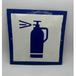 Enamel fire extinguisher sign measures approx 9.5 long by 9.5 wide