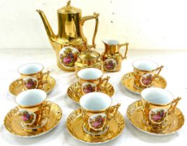 Gold Limoges coffee set comprising 6 cups, saucer, coffee pot, milk and sugar